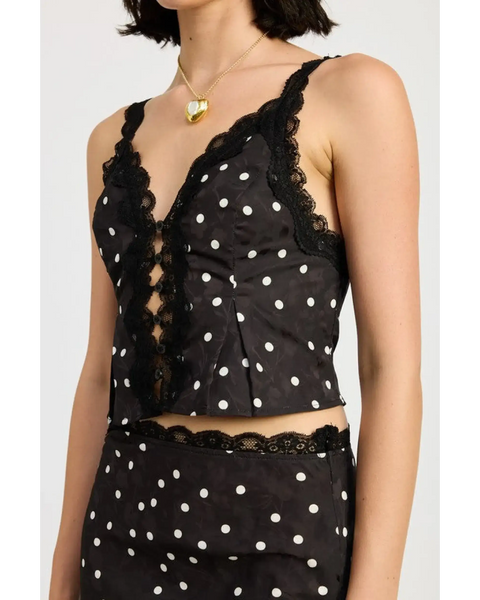 Emory Park flattering polka dot cami for women in black with white dots and lace trim