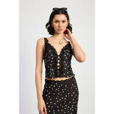 Emory Park flattering polka dot cami for women in black with white dots and lace detailing