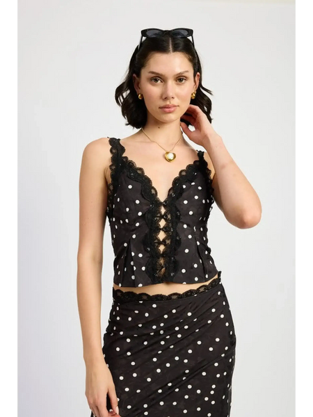 Emory Park flattering polka dot cami for women in black with white dots and lace detailing
