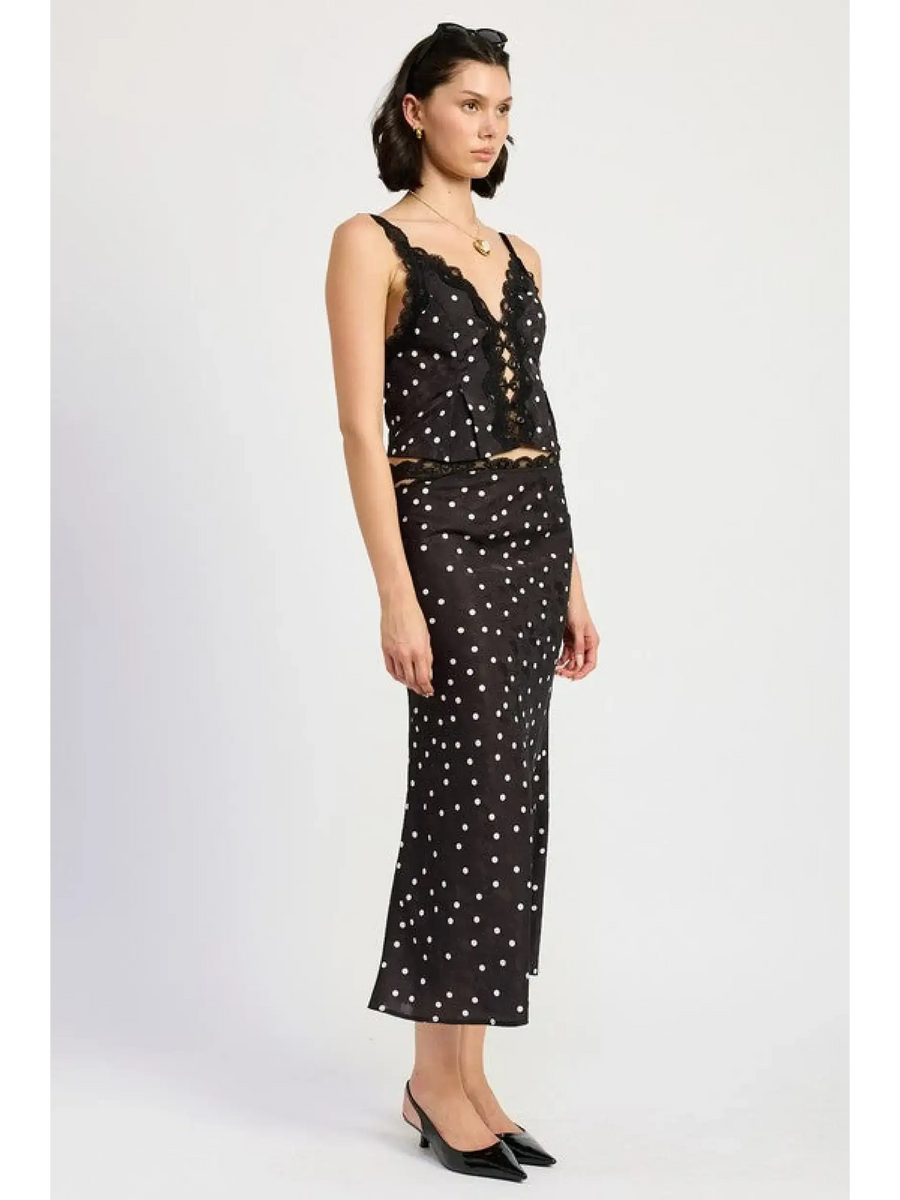 Emory Park flattering polka dot cami for women in black with lace details styled with matching skirt