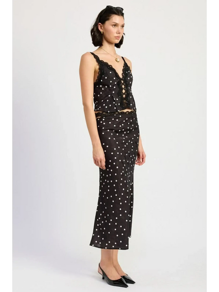 Emory Park flattering polka dot cami for women in black with lace details styled with matching skirt