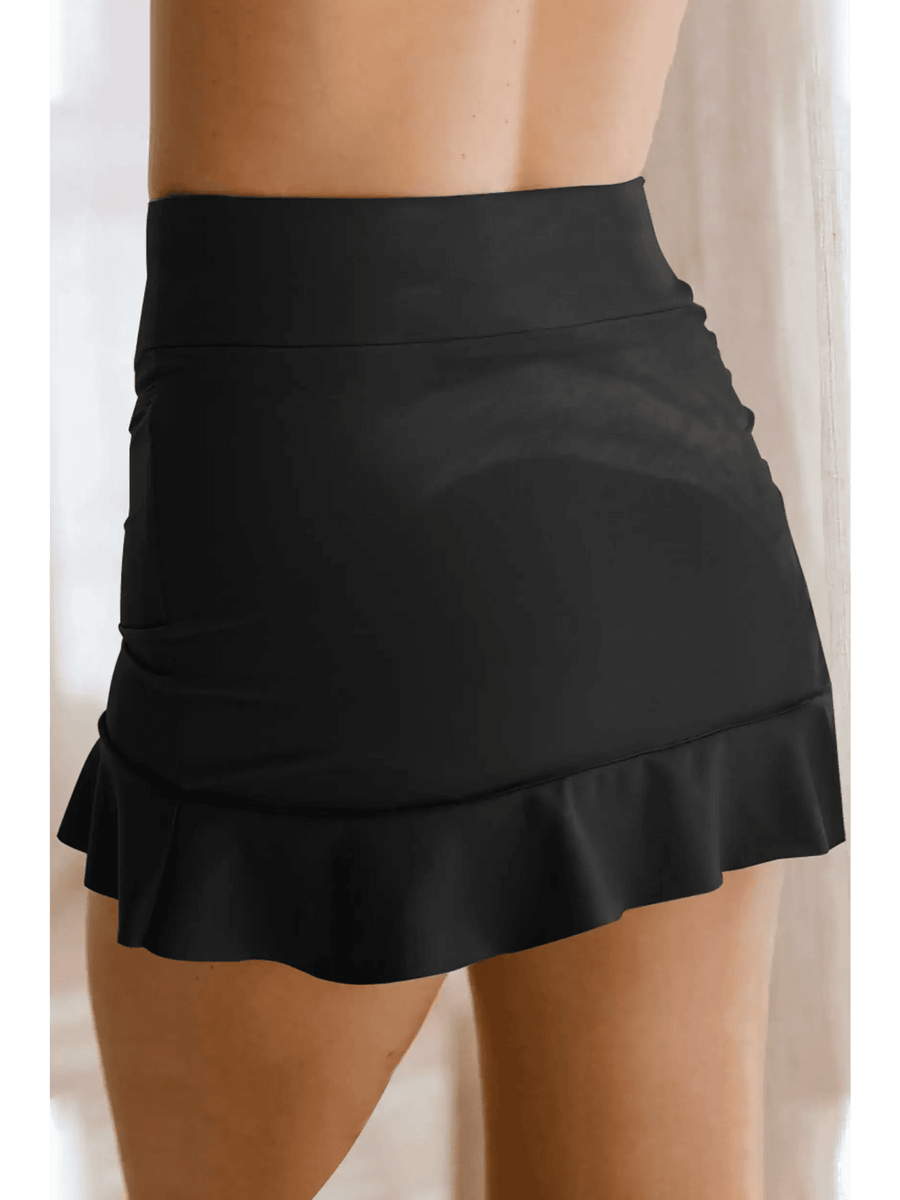 Black flattering swimsuit skirt with ruffles swim shorts by Beach Babes with a high waist design