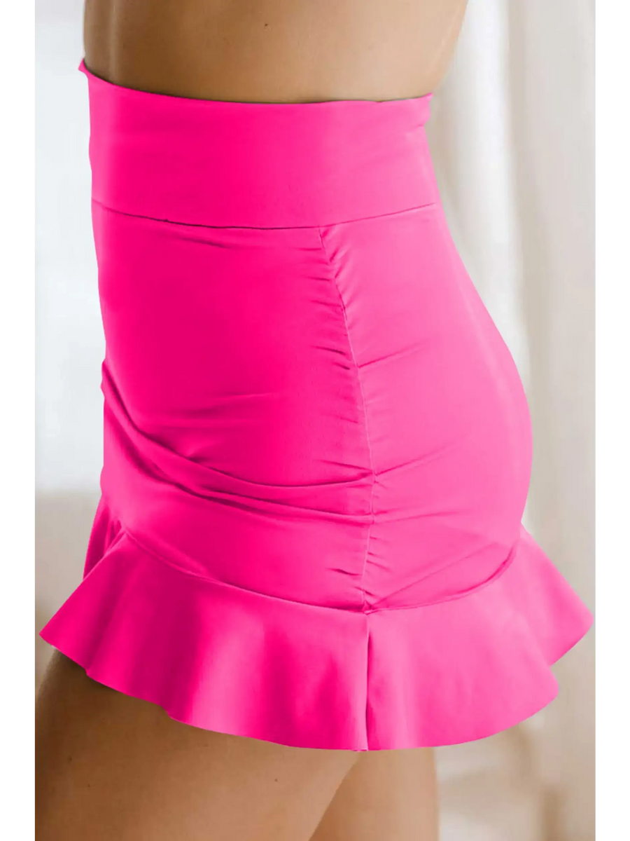 Bright pink flattering swimsuit skirt with ruffles swim shorts from Beach Babes