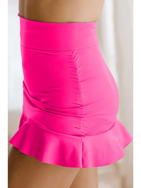 Bright pink flattering swimsuit skirt with ruffles swim shorts from Beach Babes