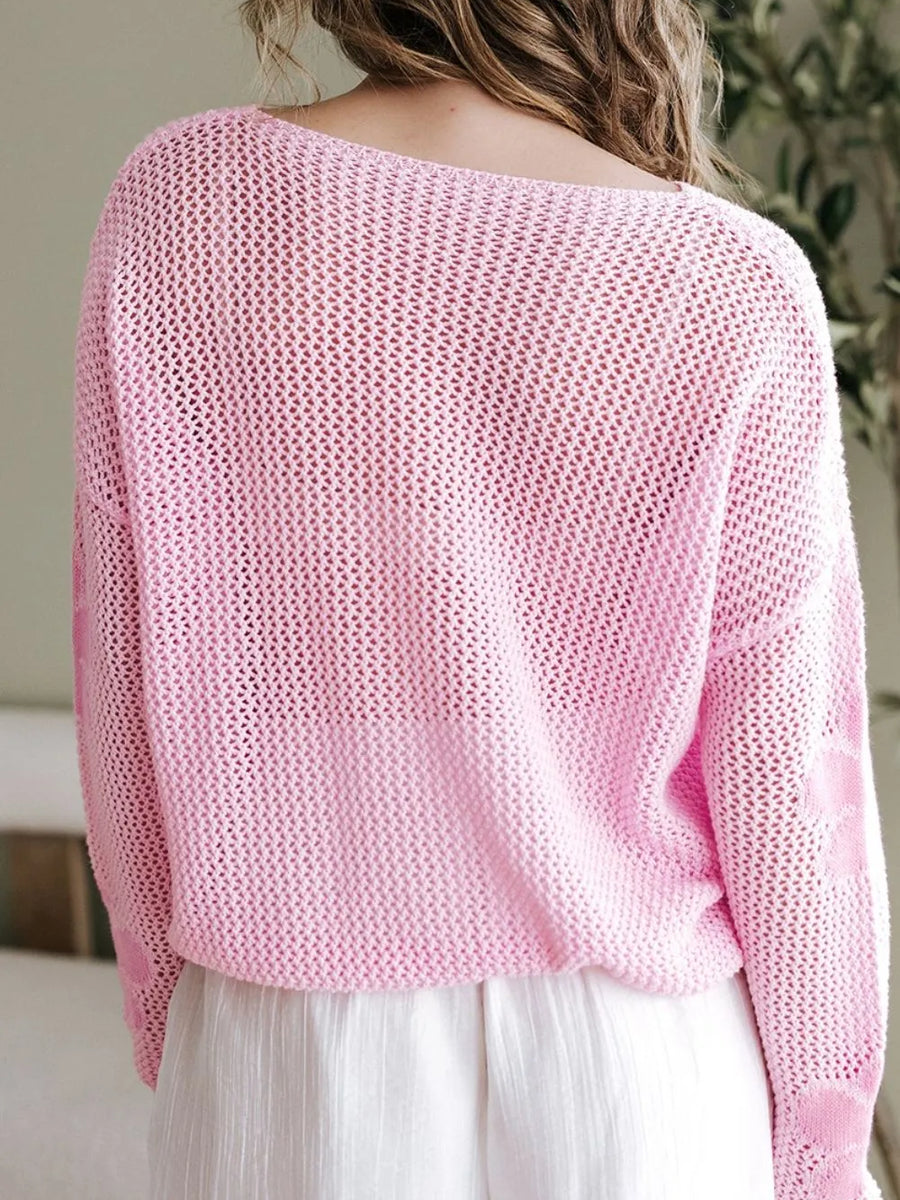 Trendsi pink crochet top worn as a floral mesh beach sweater with loose fit and long sleeves