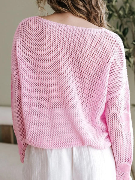 Trendsi pink crochet top worn as a floral mesh beach sweater with loose fit and long sleeves