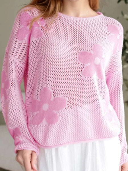Trendsi pink crochet top floral mesh beach sweater with long sleeves and large flower patterns