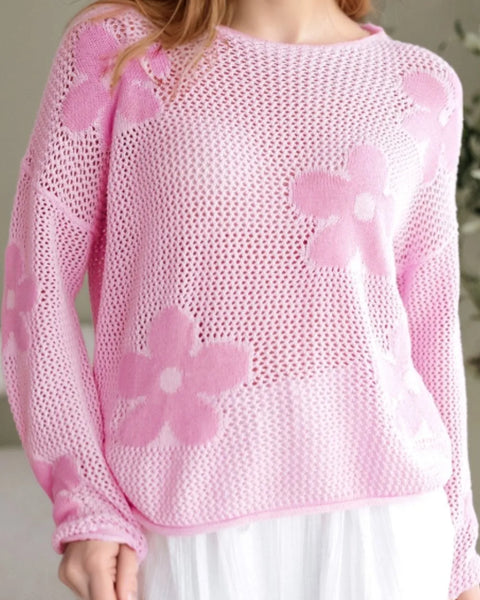 Trendsi pink crochet top floral mesh beach sweater with long sleeves and large flower patterns