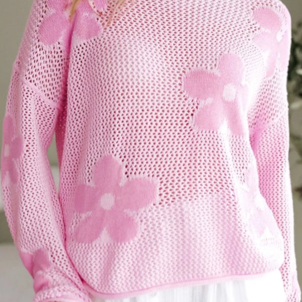 Trendsi pink crochet top floral mesh beach sweater with long sleeves and large flower patterns