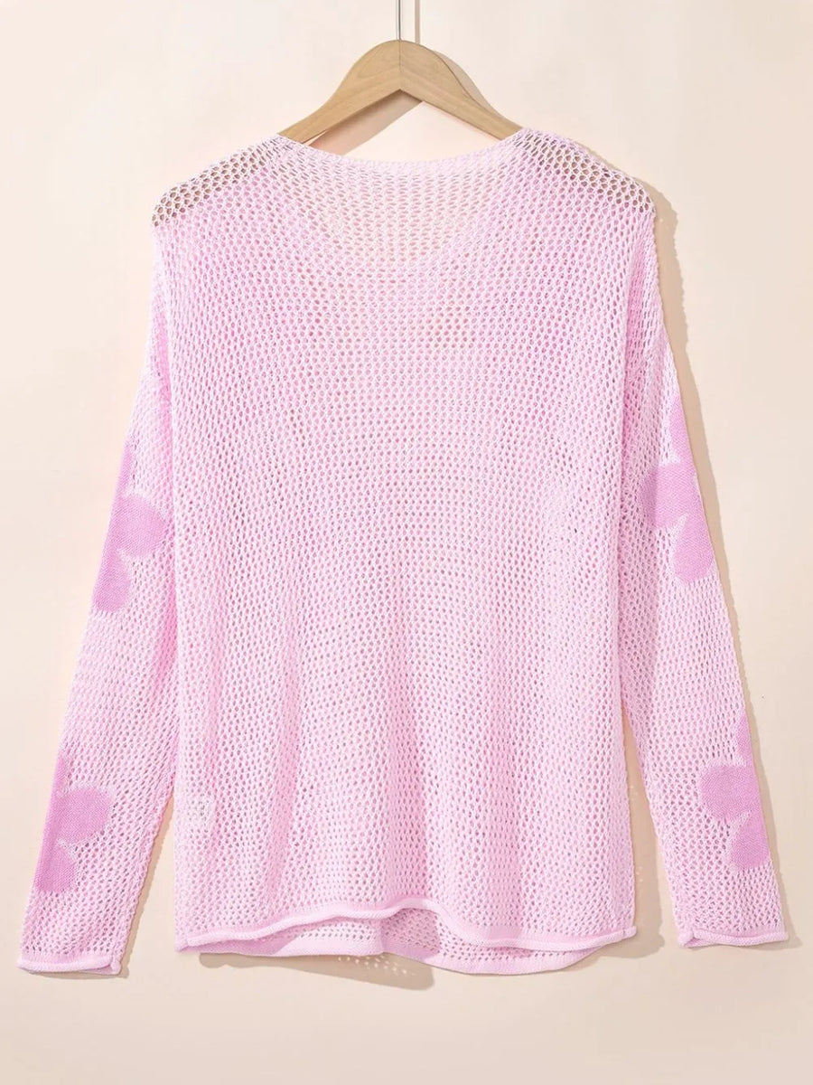 Trendsi pink crochet top floral mesh beach sweater with long sleeves and open knit design