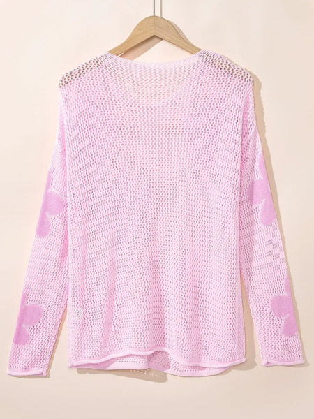 Trendsi pink crochet top floral mesh beach sweater with long sleeves and open knit design