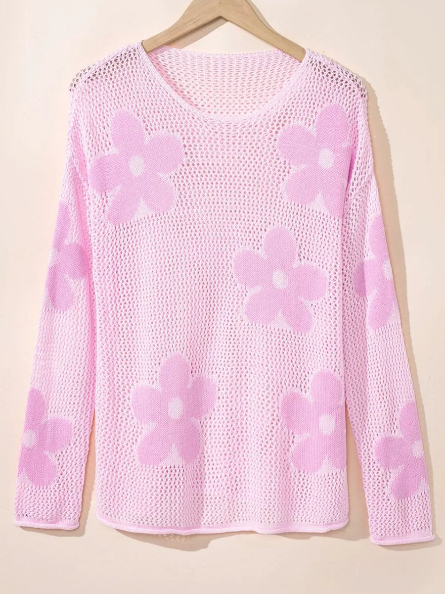 Trendsi floral mesh beach sweater in light pink crochet top with long sleeves and flower patterns