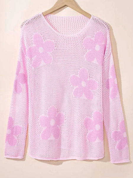 Trendsi floral mesh beach sweater in light pink crochet top with long sleeves and flower patterns
