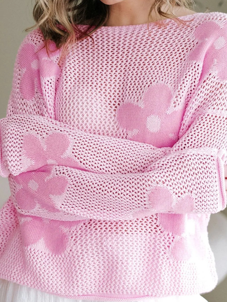 Trendsi pink crochet top with floral mesh beach sweater design perfect for summer