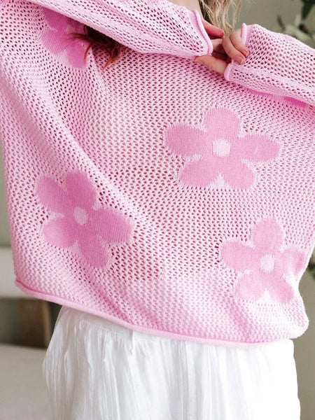 Trendsi pink crochet top with floral mesh beach sweater design and flower patterns