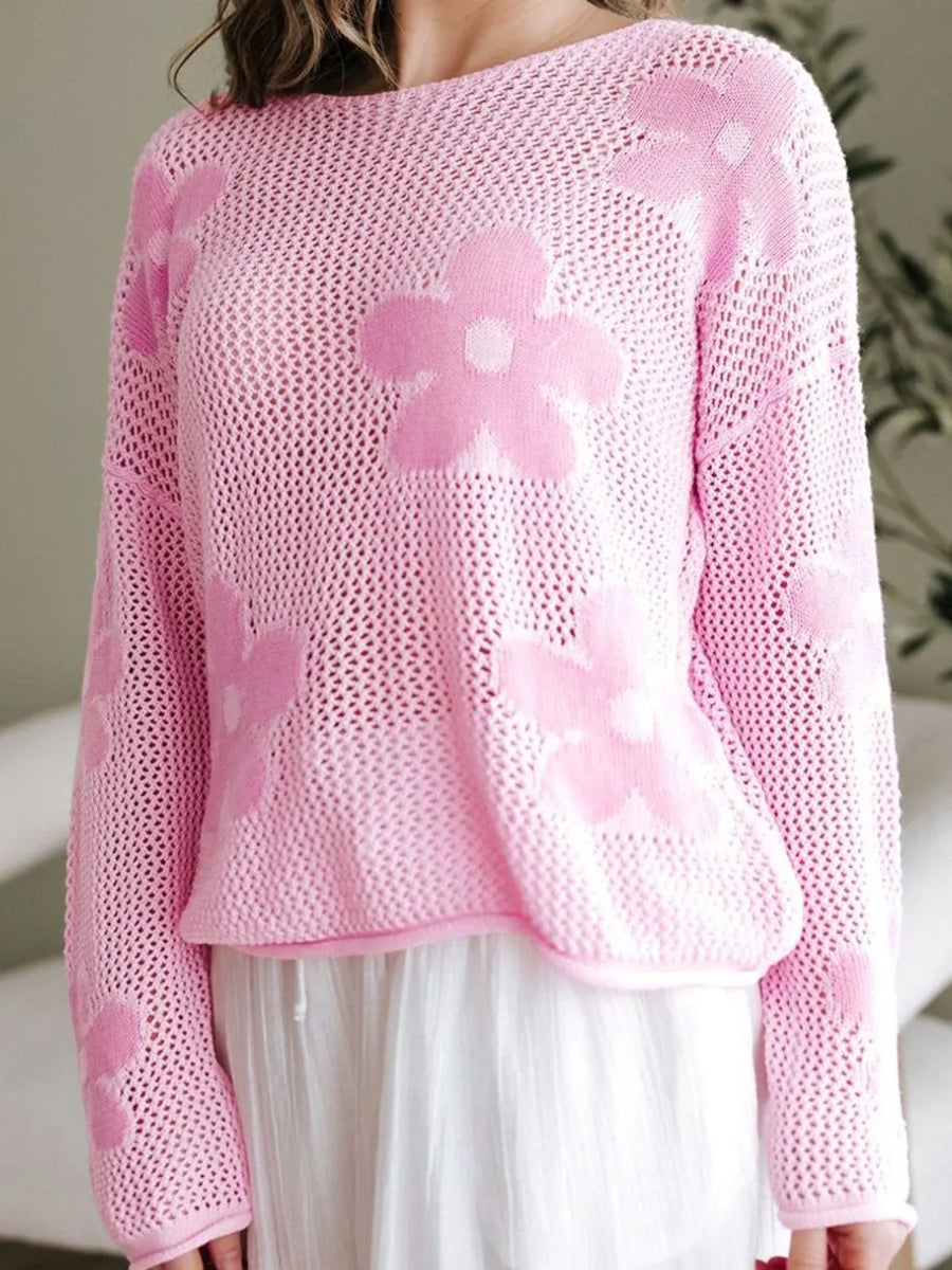 Trendsi pink crochet top with floral mesh beach sweater design perfect for beachwear