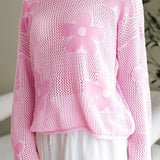 Trendsi pink crochet top with floral mesh beach sweater design perfect for beachwear