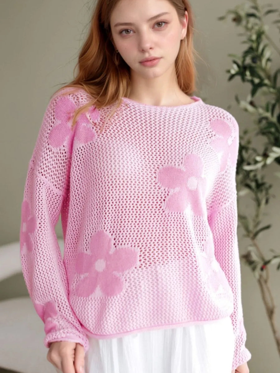 Trendsi pink floral mesh beach sweater crochet top with long sleeves and large flower patterns