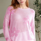 Trendsi pink floral mesh beach sweater crochet top with long sleeves and large flower patterns