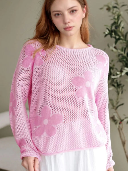 Trendsi pink floral mesh beach sweater crochet top with long sleeves and large flower patterns