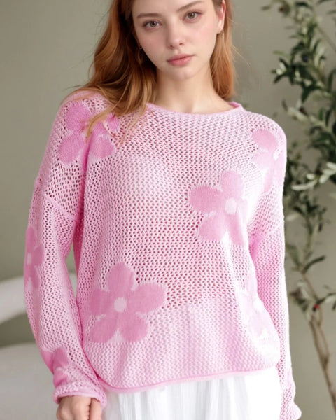 Trendsi pink floral mesh beach sweater crochet top with long sleeves and large flower patterns