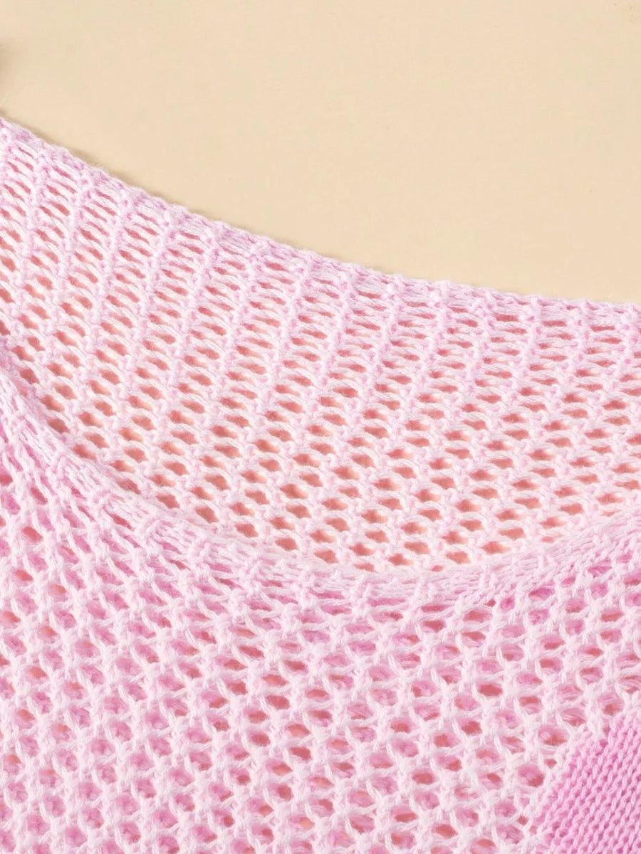 Trendsi pink crochet top featuring floral mesh beach sweater design with lightweight open knit pattern