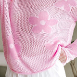 Trendsi pink floral mesh beach sweater crochet top with flower designs and loose fit