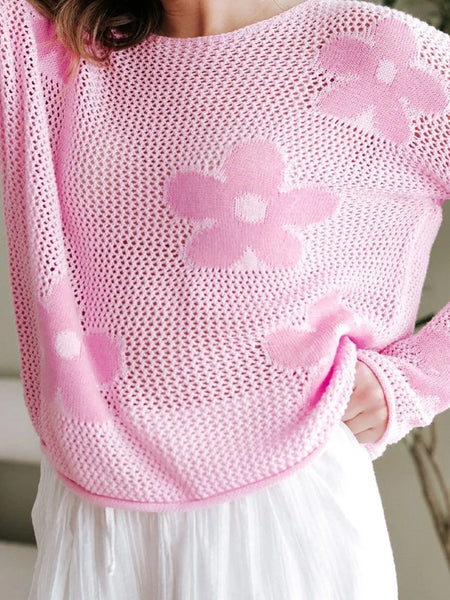 Trendsi pink floral mesh beach sweater crochet top with flower designs and loose fit