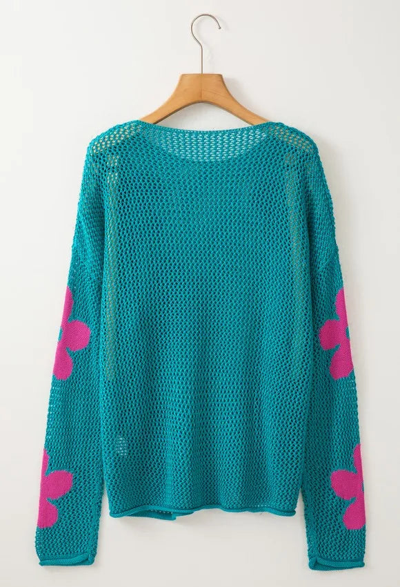 Trendsi teal crochet top with pink flowers on sleeves floral mesh beach sweater
