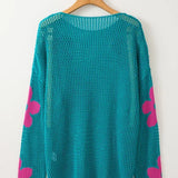 Trendsi teal crochet top with pink flowers on sleeves floral mesh beach sweater