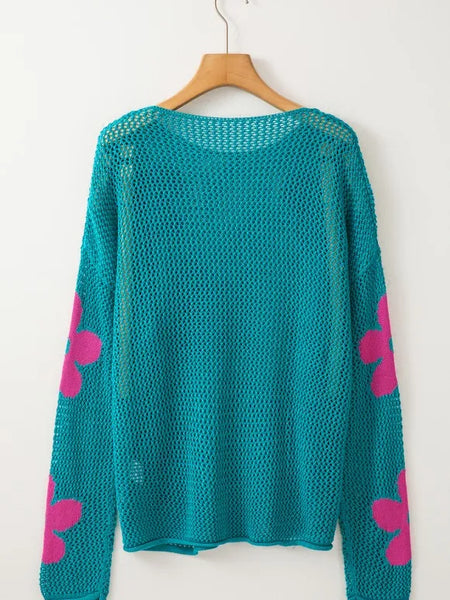 Trendsi teal crochet top with pink flowers on sleeves floral mesh beach sweater