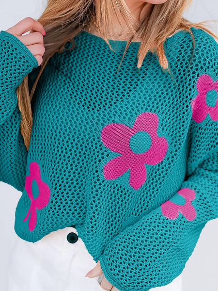 Trendsi floral mesh beach sweater crochet top in teal with pink flower designs and long sleeves