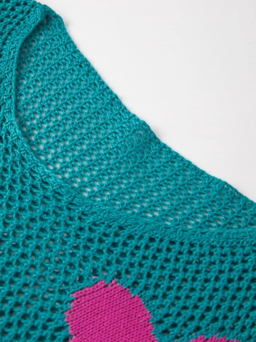 Trendsi floral mesh beach sweater crochet top in teal with pink flower detail close-up