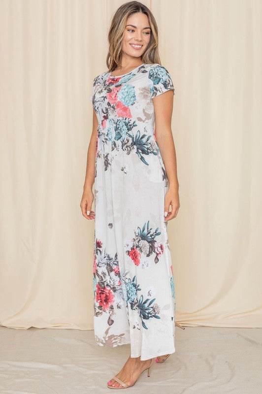 Babe Beachwaer floral midi shirt dress with short sleeves and colorful flower print on white fabric