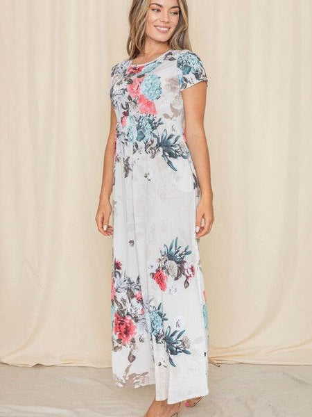 Babe Beachwaer floral midi shirt dress with short sleeves and colorful flower print on white fabric