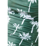 Beach Babes floral one piece swimsuit with green fabric and white palm tree print close-up