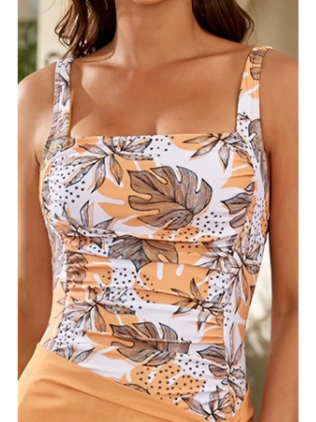 Beach Babes floral one piece swimsuit with orange and brown leaf pattern and square neckline