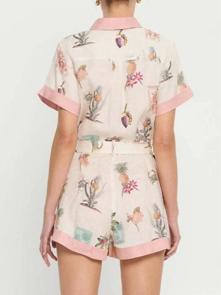 Back view of floral resort romper for women by Trendsi with short sleeves and pink trim