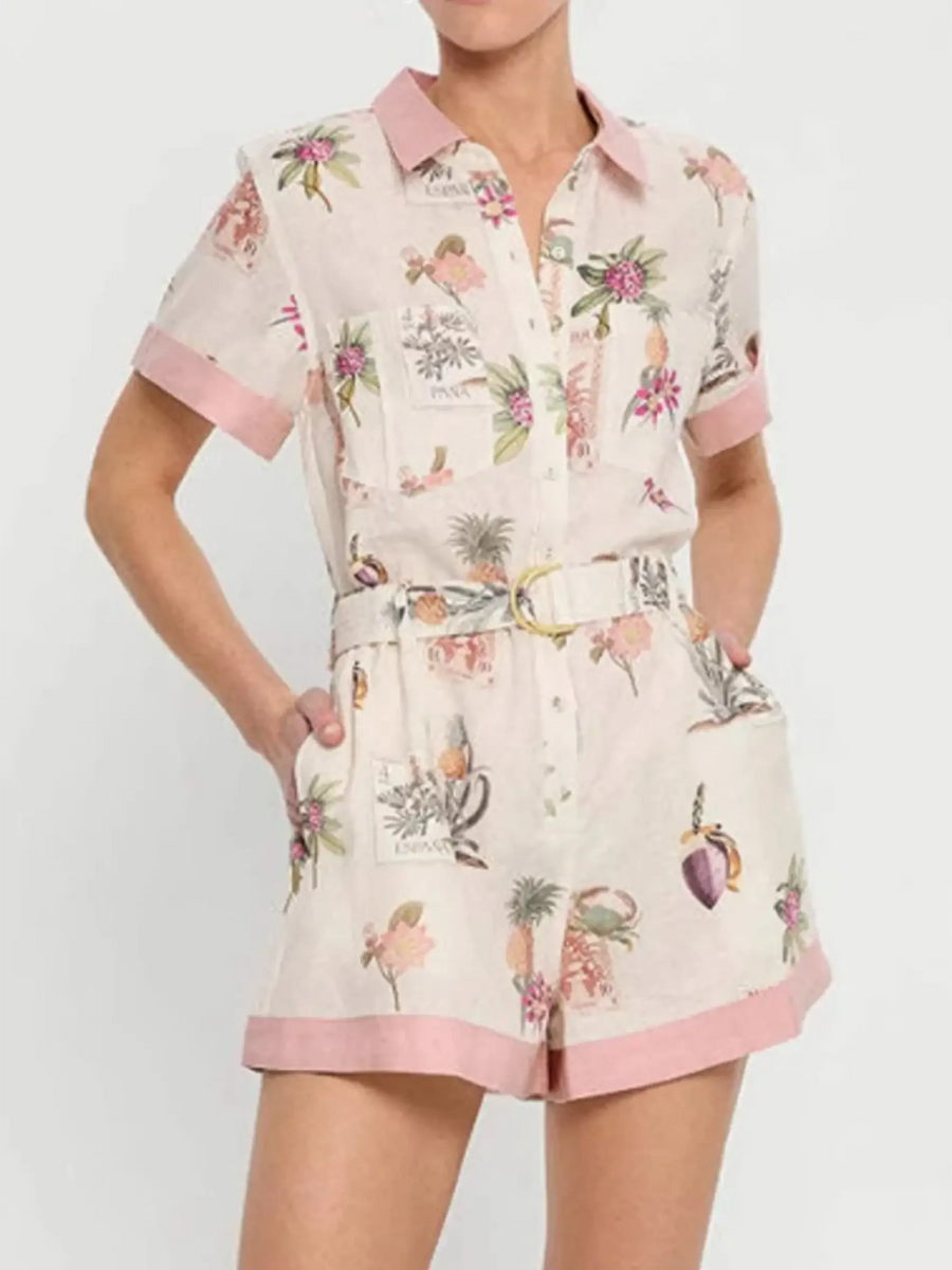 Trendsi floral resort romper for women with pink collar and hem detailing featuring tropical print