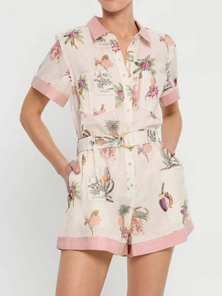 Trendsi floral resort romper for women with pink collar and hem detailing featuring tropical print