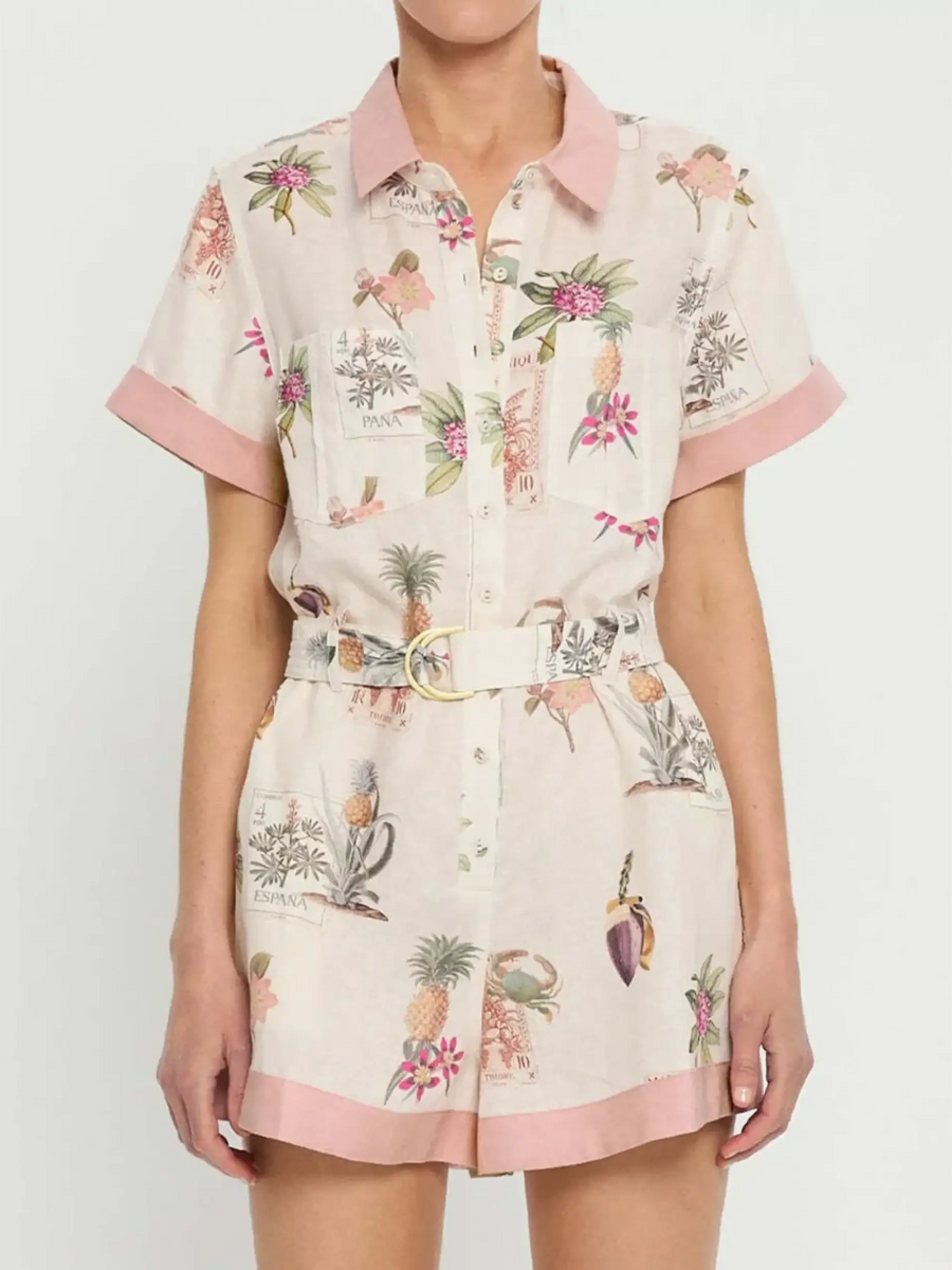 Trendsi floral resort romper for women with short sleeves, button front, belt waist, and tropical print