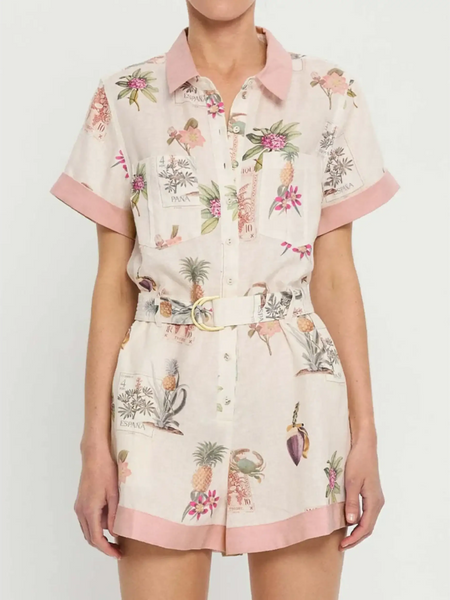 Trendsi floral resort romper for women with short sleeves, button front, belt waist, and tropical print