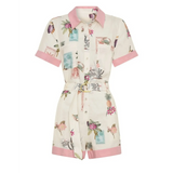 Trendsi floral resort romper for women with pink collar and cuffs featuring tropical print and belted waist