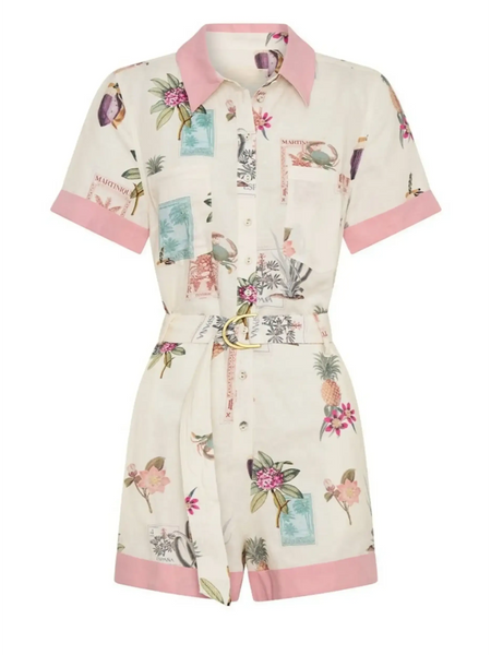 Trendsi floral resort romper for women with pink collar and cuffs featuring tropical print and belted waist