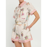 Trendsi floral resort romper for women with pink collar and belt featuring tropical prints