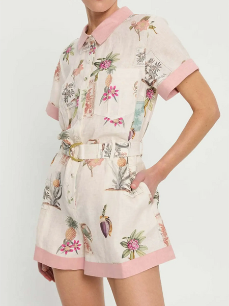 Trendsi floral resort romper for women with pink collar and belt featuring tropical prints