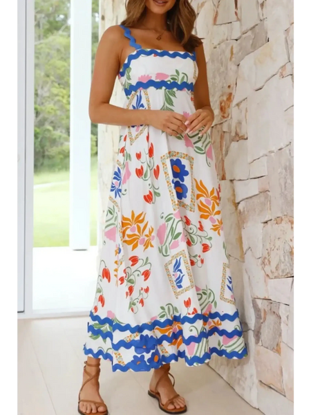 Trendsi floral resort wear dress maxi dress with colorful floral patterns and blue trim