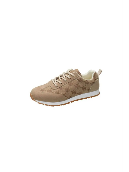brown floral round toe sneakers for women with lace-up design and comfortable sole