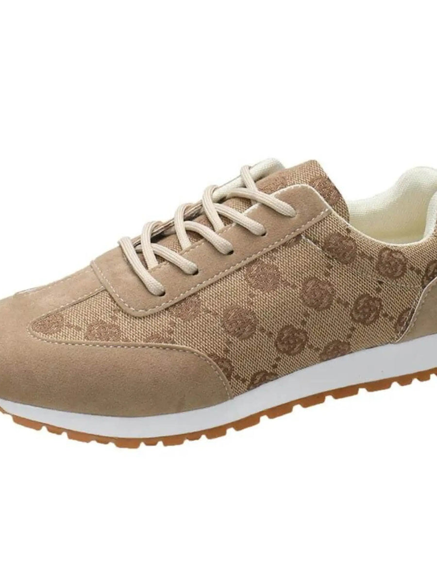 floral round toe sneakers for women in beige with lace-up design and patterned fabric