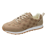 floral round toe sneakers for women in beige with lace-up design and patterned fabric